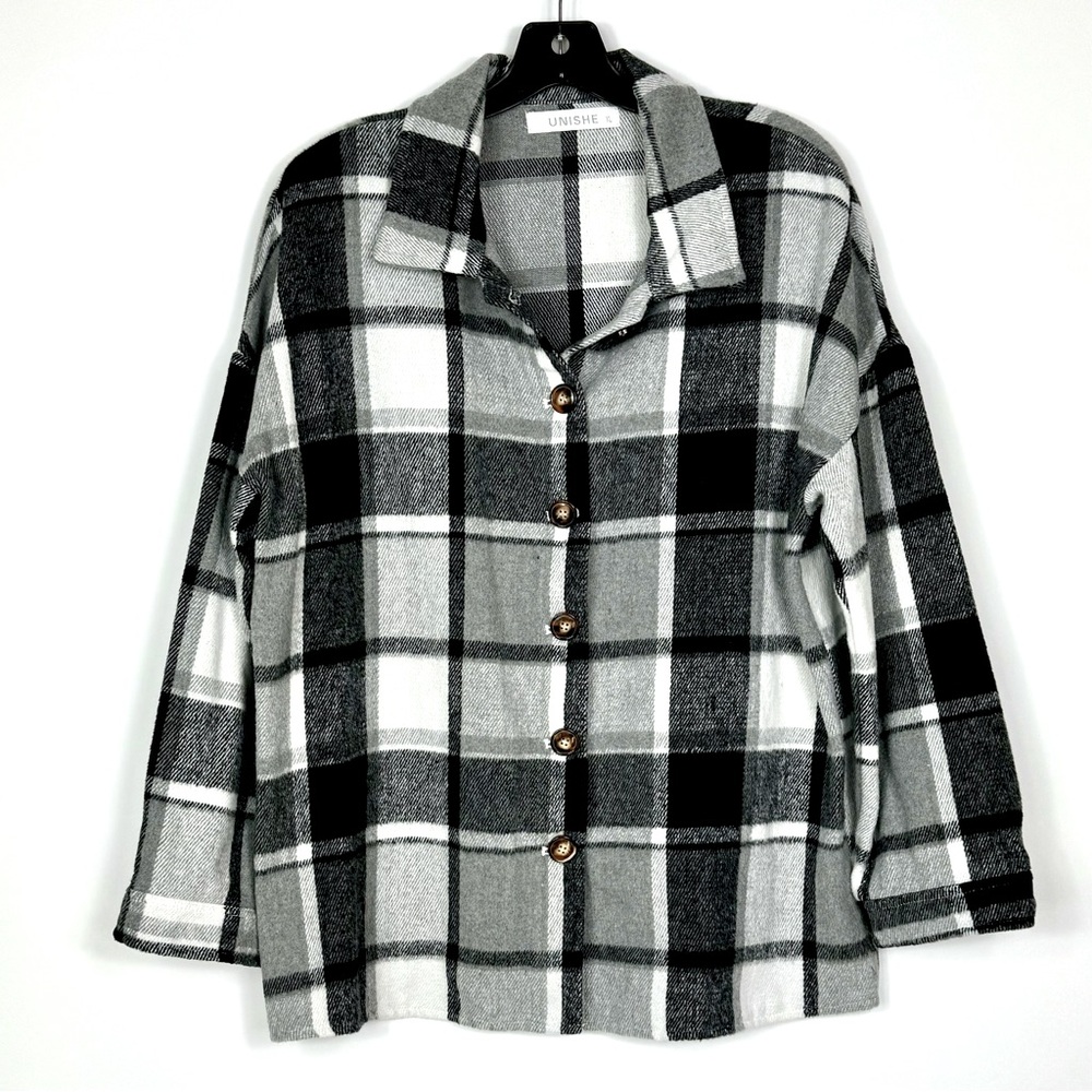 Unishe Size XL Women's Buffalo Check Black, White, Gray Warm Shacket